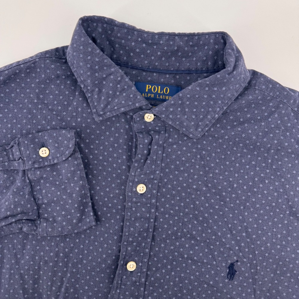 Polo Ralph Lauren Button Down Mens XL Navy Blue Slim Fit Geometric Print Shirt